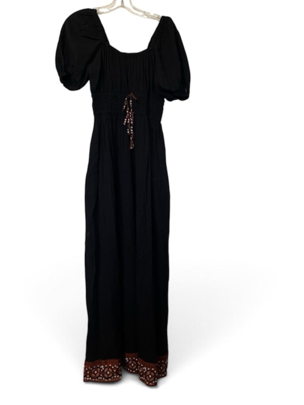 Cleobella Black Maxi Dress with Embroidered Hem and Puff Sleeves size S